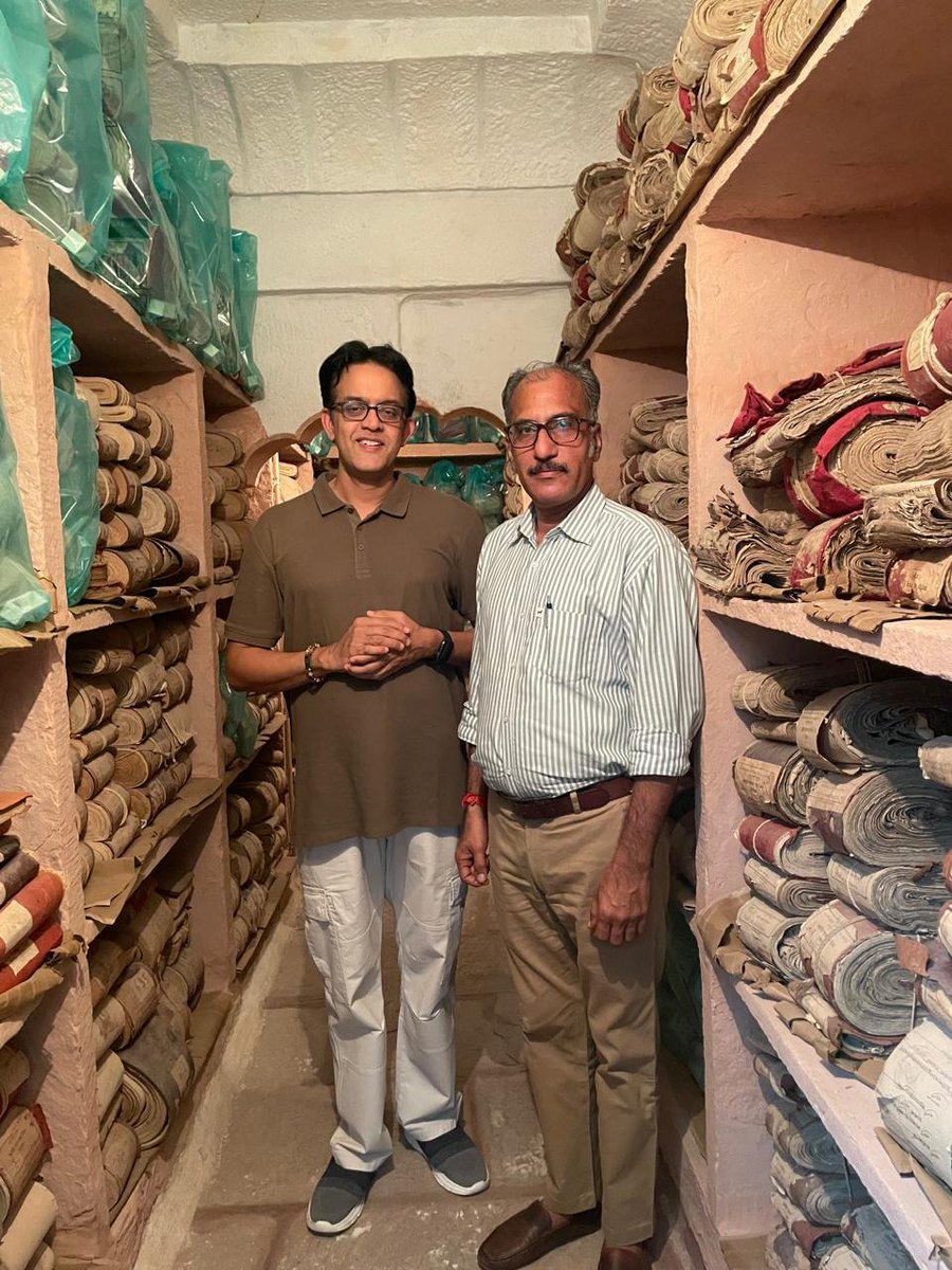 vikramsampath's tweet photo. Maharaja Mansingh Pustak Prakash library in Jodhpur's Mehrangarh fort is a mind boggling collection of more than 5 centuries of documentation- the Bahi's, khyats & other documents, so meticulously catalogued & preserved through the private intiative of Maharaja Gajsingh 'Baapji'. Dr Mahendra Singh Tanwar is a treasure trove of knowledge on Rajput history & spending the day with him at the archives was both illuminating & inspiring