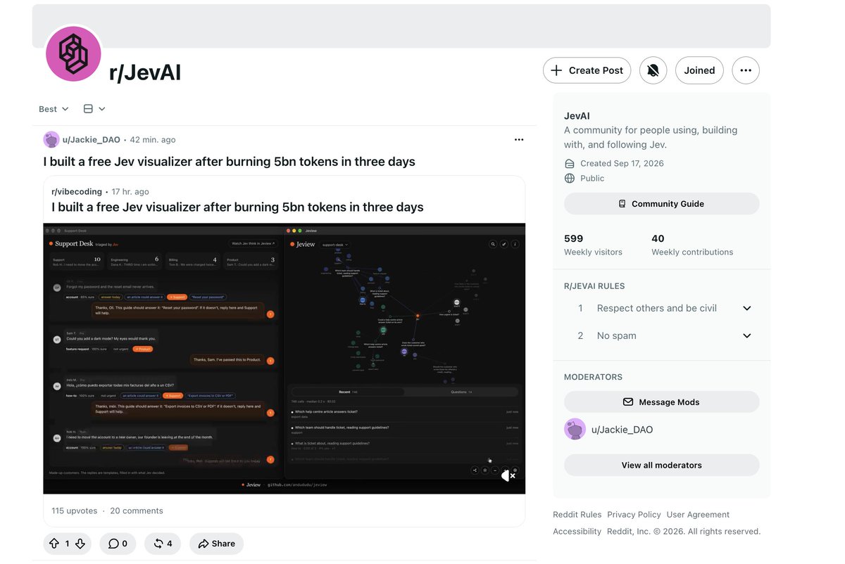 ideasbymanish's tweet photo. Idea: Create a reddit community where people can share what they’re building with Jev.

Someone created one just 5 days ago, and it already has 600+ weekly visitors.

The idea is validated, and there’s room for a couple more https://t.co/Jec3fgrz3t