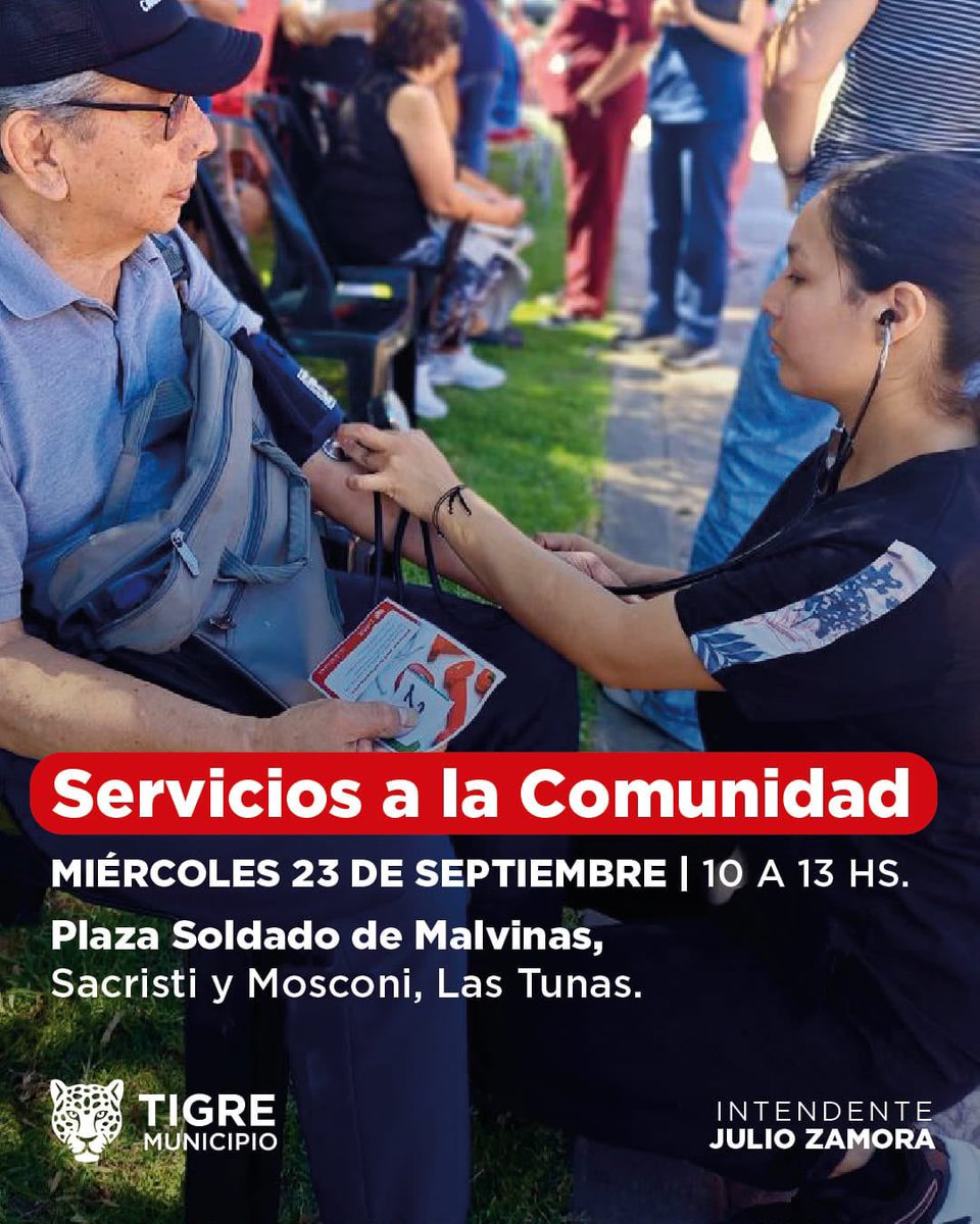 tigre_social's tweet photo. 🩺 Servicios a la Comunidad en Las Tunas

Este miércoles 23 de septiembre acercamos distintos servicios de atención y acompañamiento a la comunidad. 🤝

📅 Miércoles 23 de septiembre
🕙 De 10 a 13 hs.
📍 Plaza Soldado de Malvinas
📌 Sacristi y Mosconi, Las Tunas. https://t.co/BgwlkUTdiu