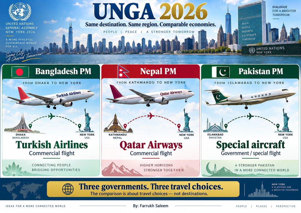 SaleemFarrukh's tweet photo. UNGA 2026:

Bangladesh PM → Turkish Airlines
Nepal PM → Qatar Airways
Pakistan PM → Special aircraft
Same destination
Same region
Comparable economies https://t.co/THJhzBpXoU