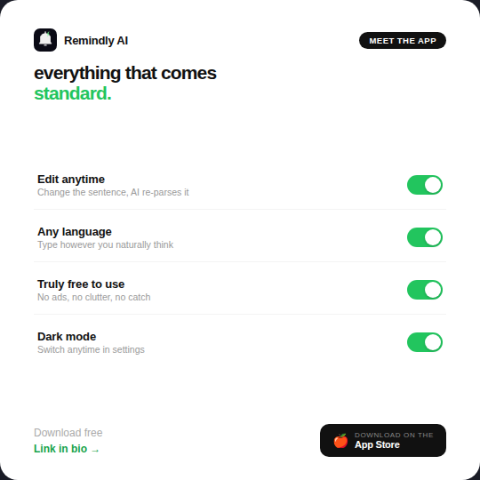 RemindlyAI_app's tweet photo. Four small things that add up to a lot ✅
Everything that comes standard, and four small upgrades over the regular reminders app that genuinely change how it feels to use. Download free link in bio
#RemindlyAI #AIApp #Productivity #NeverForget #TechTok https://t.co/6iaVydIGlU