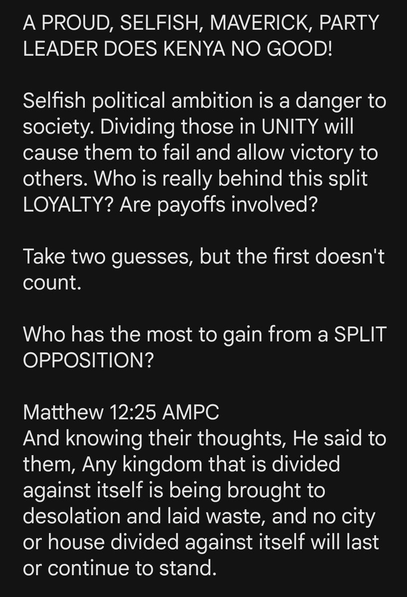 DaktariJones's tweet photo. @BernardKavuli @HEBabuOwino A prideful MAVERICK Party Leader does not always have the best interest of the Country at heart.

The United Opposition (ALL PARTIES) against the current administration should support  ONE Presidential ticket. Splitting the vote with several tickets dilutes the vote &amp; Ruto wins. https://t.co/oVSH5pr74i