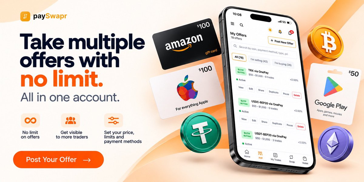 Thecoinconnect's tweet photo. Vendors, why limit yourself to one offer?

Post multiple buy &amp; sell offers on paySwapr, all from one account. Set your prices, limits and payment methods, and reach more traders.

No limit on offers. Just more opportunities to trade.

https://t.co/9LEwX9TJo5 https://t.co/8h7SvUpXd0