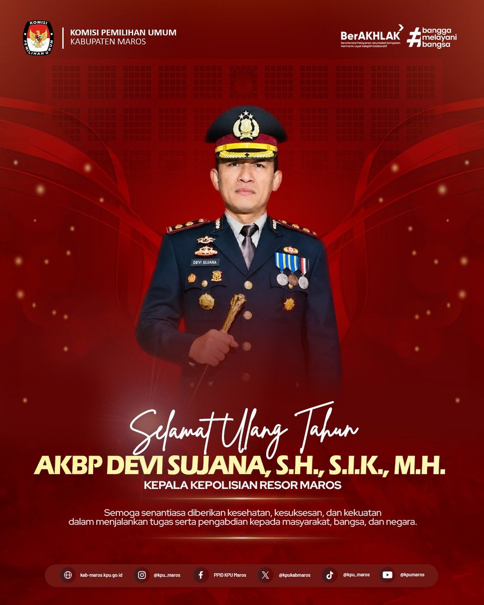 kpukabmaros's tweet photo. #Teman pemilih, Keluarga Besar KPU  Maros mengucapkan Selamat Ulang Tahun ke-41, Bapak Kapolres Maros AKBP DEVI SUJANA, S.H., S.I.K., M.H.,  Semoga senantiasa diberikan kesehatan, panjang umur, kebahagiaan, kesuksesan, serta kekuatan dalam menjalankan tugas.

#KPUMelayani https://t.co/wnB2uMEkC5