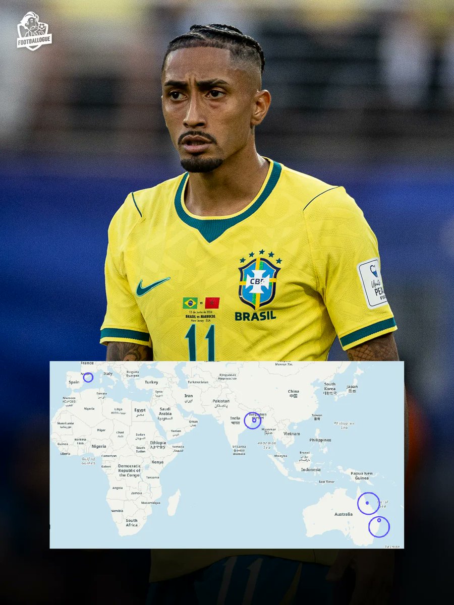 Footballogue's tweet photo. LE PÉRIPLE DE FOU QUI SE PRÉPARE POUR LES INTERNATIONAUX BRÉSILIENS ! 🥵 🇧🇷

Le Brésil de Raphinha s'apprête à parcourir 𝟯𝟱 𝟬𝟬𝟬 𝗞𝗠 pour jouer 𝟯 𝗔𝗠𝗜𝗖𝗔𝗨𝗫  :

🇦🇺 Australie (25/09)
🇦🇺 Australie (29/09)
🇮🇳 Inde (03/09) 

Nul doute que ce long déplacement devrait jouer sur le physique des joueurs, et notamment du meilleur buteur du Barça... 

(@diarioas)