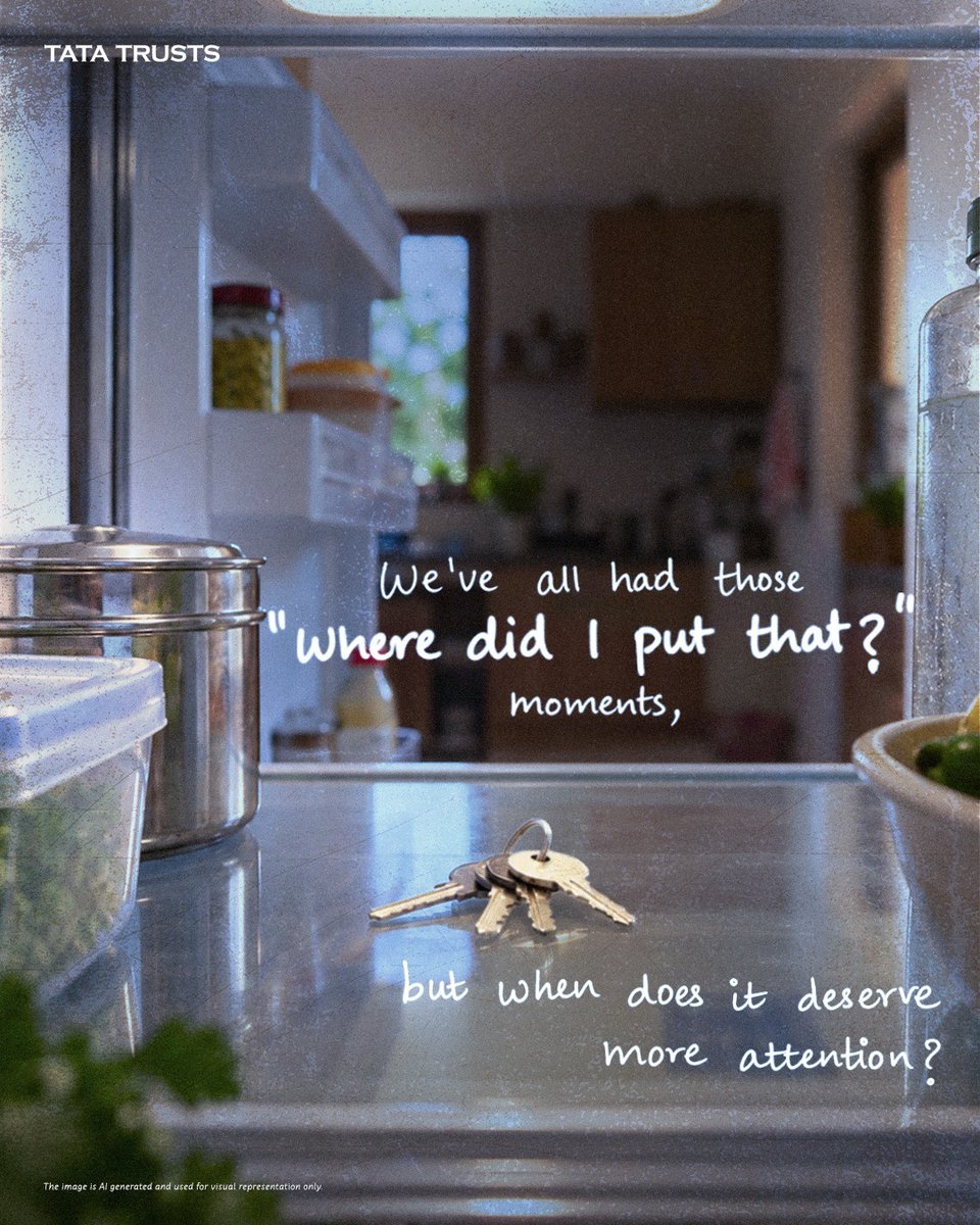 tatatrusts's tweet photo. House keys in the fridge?

We might laugh about it and move on. But when moments like these begin happening more often, they may be more than an occasional lapse in memory.

Dementia affects more than memory. It can influence how a person communicates, makes decisions, and manages everyday life. Recognising these changes can help families understand what is happening and seek support early.

Through Vajood Rahe Maujood, the Tata Trusts invite you to look beyond the laughter and listen to what these little moments may be telling us. To know more, visit: https://t.co/2KnzcsREo8

#VajoodRaheMaujood #DementiaAwareness #WorldAlzheimersMonth #TataTrusts