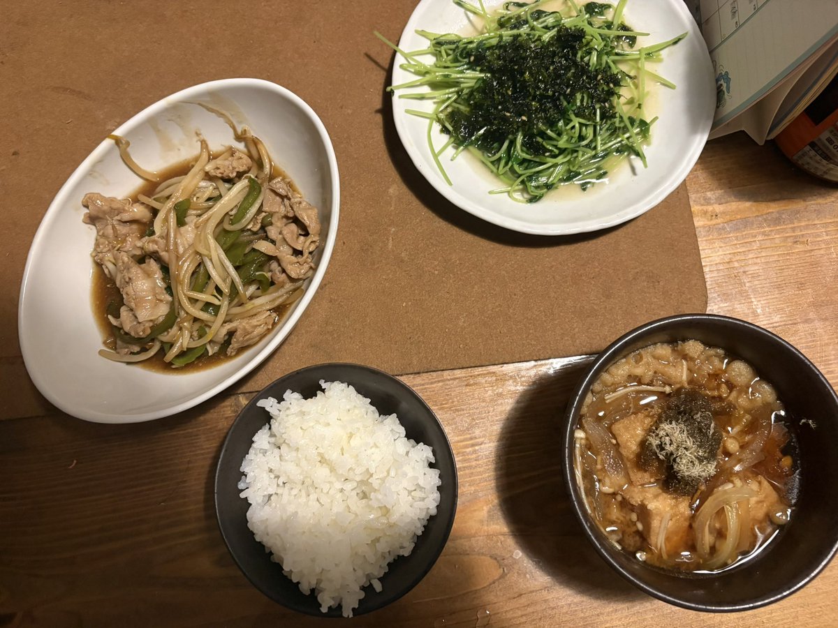 rupimaruru's tweet photo. 豚もやし炒めに味噌汁ご飯
育ててる豆苗も食べた https://t.co/GacPphhv1R