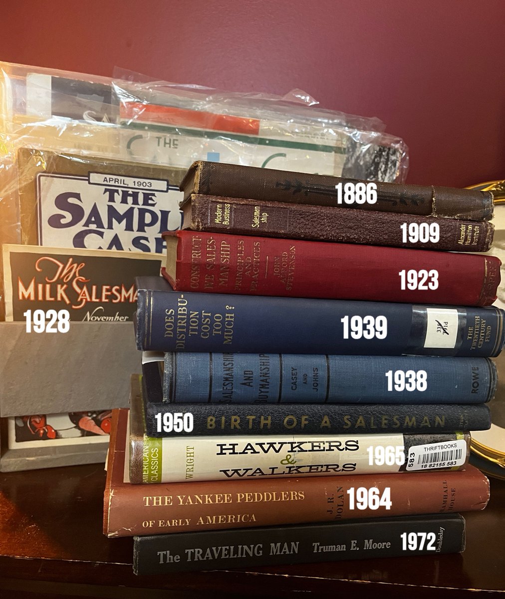 SalesHistorian's tweet photo. I've been on a bit of a sales-history-book-buying binge. This is my pile of new adds to my "sales history museum"...so, if you need me, I'll probably be ear-deep in them. From 1886 (a book that's actually on speaking) all the way to 3 "sales history" books (1964-1972). https://t.co/ZRyjZ9LepQ