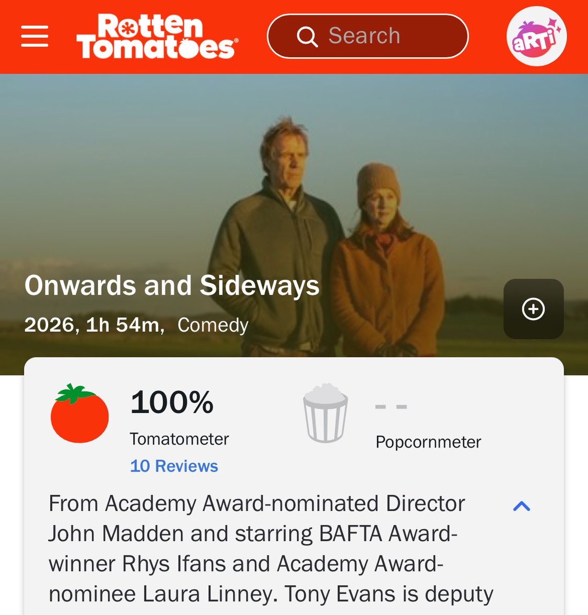 LauraLinneyNews's tweet photo. Onwards and Sideways, directed by John Madden and starring Laura Linney and Rhys Ifans, debuts with a 100% on Rotten Tomatoes.

Coming to cinemas in the UK on November 6th. https://t.co/v3JWab2ia3
