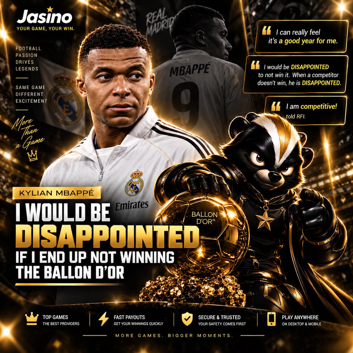 jasinoofficial's tweet photo. 🏆 Mbappé on the Ballon d’Or:

“I can really feel it’s a good year for me.”

The Real Madrid star admits he would be disappointed if he doesn’t win the Ballon d’Or — and makes it clear:
“I am competitive!” 👀🔥

Do you think Mbappé has done enough to win it this year? 🏆 https://t.co/734uQRzBlw