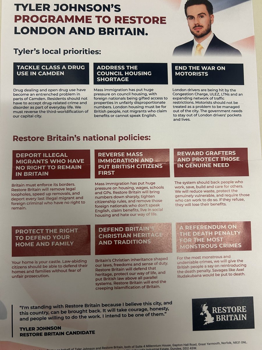 LeaderNHPUK's tweet photo. Got My Personalised Tyler Johnson, Restore Britain Leaflet In The Post Today. 
Very Pleased With It 🙏🇬🇧
VOTE RESTORE BRITAIN IN HOLBORN &amp; SAINT PANCRAS https://t.co/5GwERPhNVH