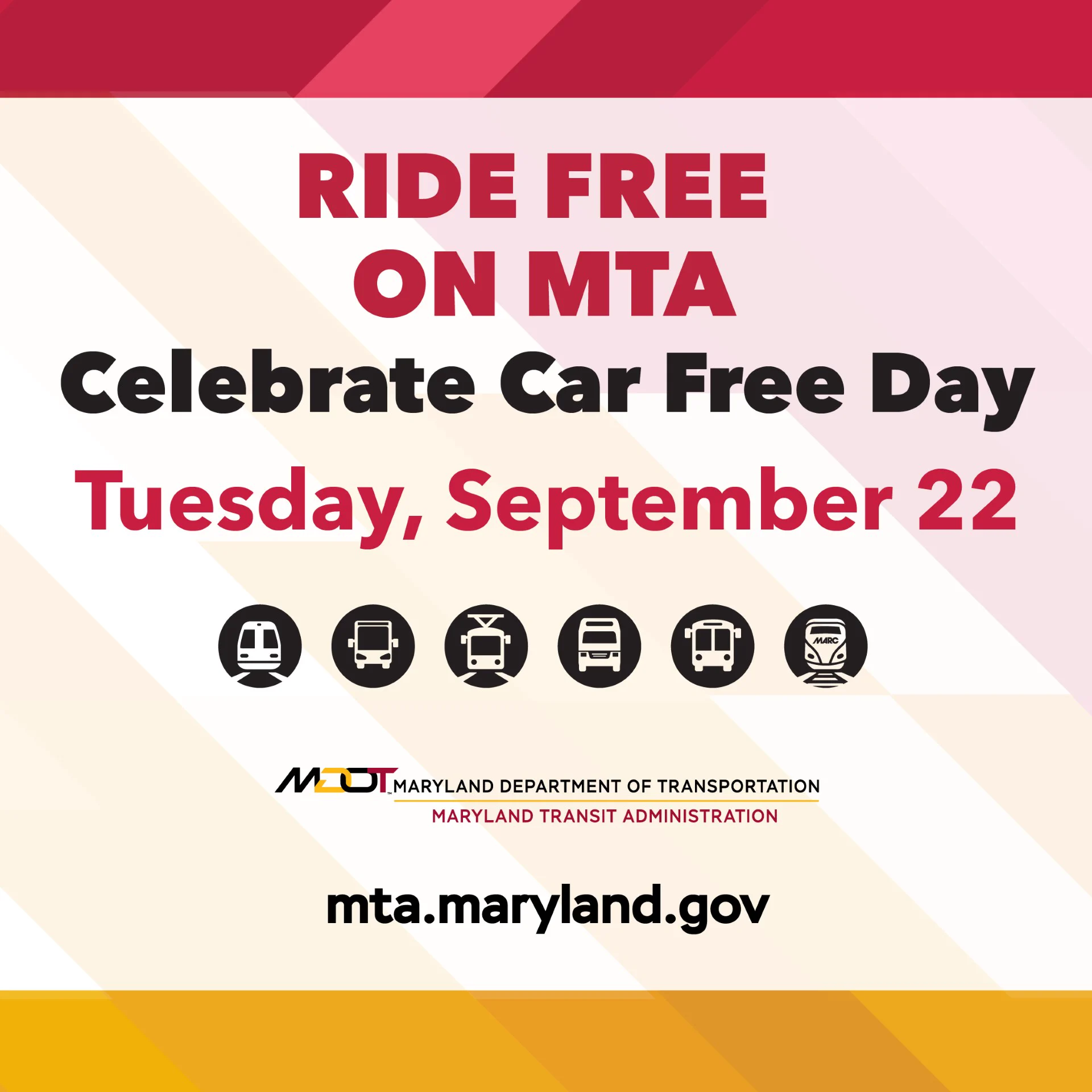 Skip the traffic. Forget the expensive parking. Just hop aboard free transit TODAY as the Moore-Miller Administration celebrates Car Free Day. Riders can enjoy all-day, free rides on the Maryland Transit Administration (MTA), including on MTA’s Local Bus, Light Rail, Metro Subway, MARC, Commuter Bus, and Mobility. #WorldCarFreeDay
