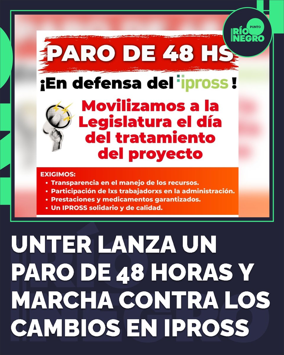 puntorionegro's tweet photo. 📢 PARO DOCENTE DE 48 HORAS EN RÍO NEGRO
UnTER confirmó la medida y marchará a la Legislatura contra los cambios propuestos para el IPROSS.
🏥 “Antes de hablar de libertad de elección necesitamos transparencia”, reclamó el gremio.
#RíoNegro #UnTER #IPROSS https://t.co/TItz9venDG