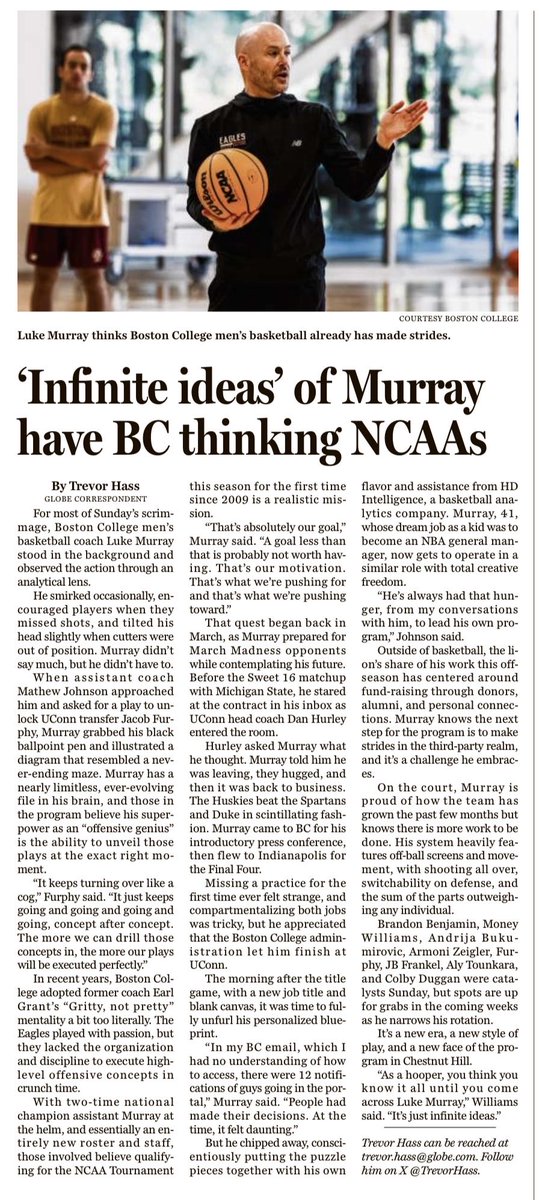 TrevorHass's tweet photo. In today’s @BGlobeSports section: ‘Infinite ideas’ of Murray have @BCMBB thinking NCAAs: https://t.co/OD3kcCEmWm https://t.co/xydSYILfXy