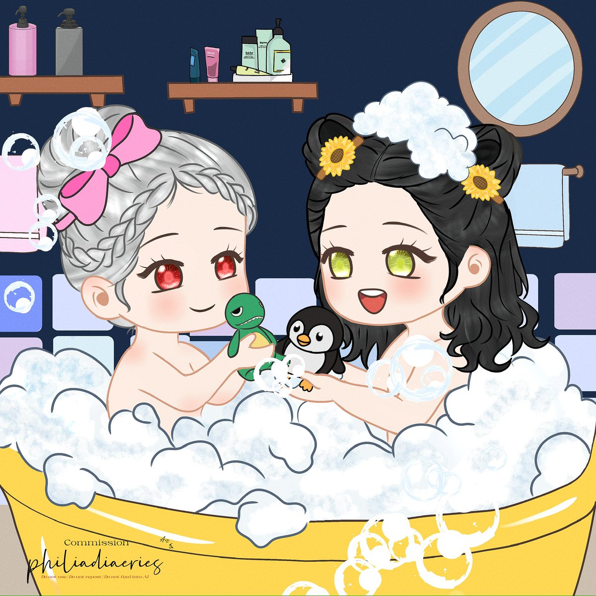 Tayu_Yama's tweet photo. Two little cousins, a tub of bubbles, and a holiday full of laughter. Rora and Lowy are making Grandmama and Grandpapa's house feel even more like home 🫧 🎀🌼

#Zayne #Sylus #ZayNez #Sylbia #Fanart #Headcanon

A super cute art created by @philiadiaries 🫶 https://t.co/uAvcNqBKW2