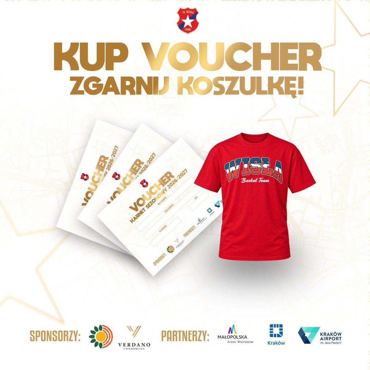 Wisla_Basket's tweet photo. Vouchery na karnety 26/27 startują 26.09! 🏀

​🎁 KUP VOUCHER, ZGARNIJ KOSZULKĘ! (dla pierwszych 100 osób).
🔹 Ceny: 150 zł ulg. / 300 zł norm. (cały sezon + play-off!)
📍 Gdzie: TS Wisła Official Store (tylko stacjonarnie). https://t.co/6sXeRFdm2T