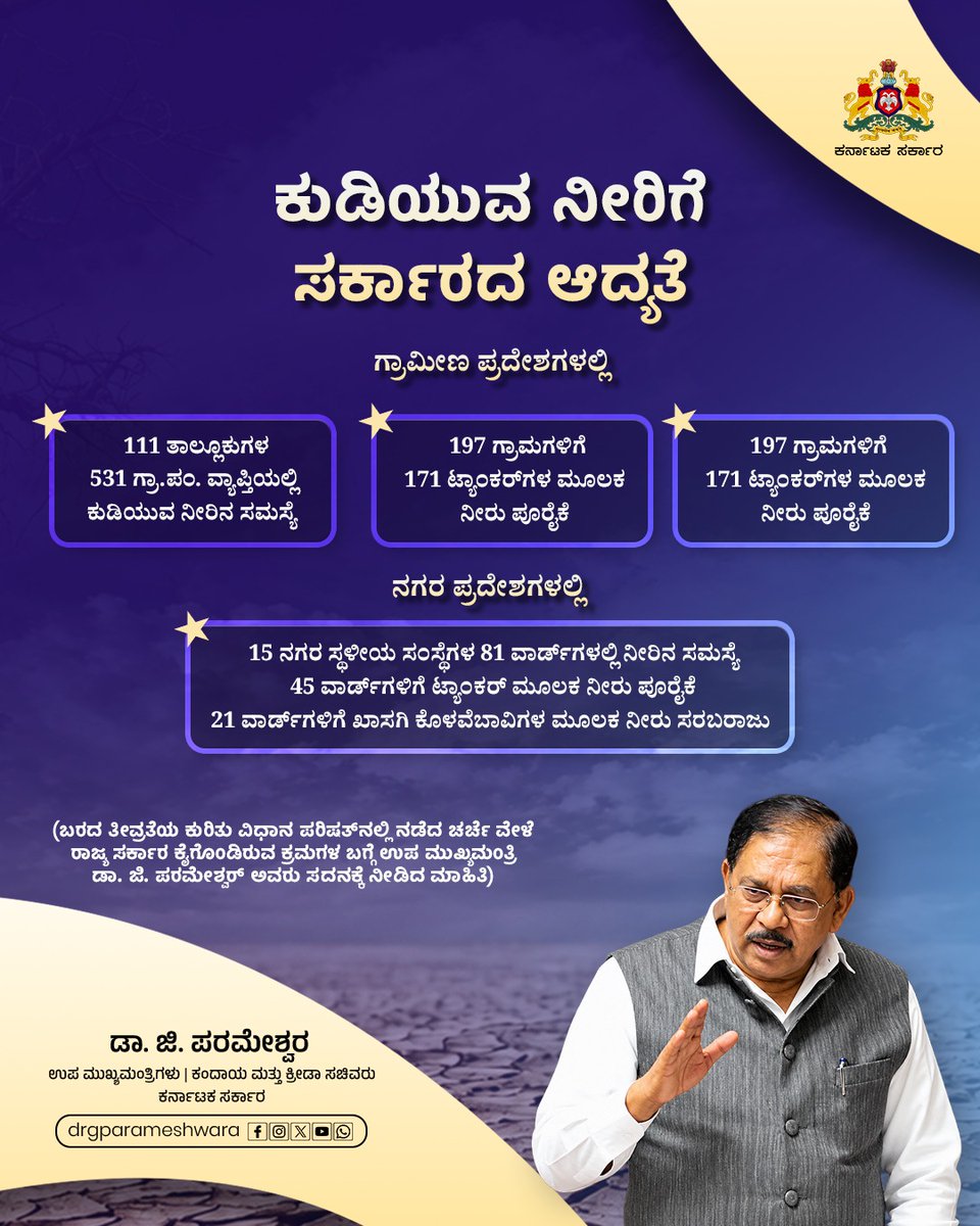 DrParameshwara's tweet photo. ಕುಡಿಯುವ ನೀರು ಪ್ರತಿಯೊಬ್ಬರ ಮೂಲಭೂತ ಹಕ್ಕು. ಜನರ ದೈನಂದಿನ ಬದುಕಿಗೆ ಅಗತ್ಯವಾದ ನೀರಿನ ಪೂರೈಕೆಯಲ್ಲಿ ಯಾವುದೇ ಕೊರತೆ ಉಂಟಾಗದಂತೆ ನಮ್ಮ ಸರ್ಕಾರ ನಿರಂತರವಾಗಿ ಕ್ರಮ ಕೈಗೊಳ್ಳುತ್ತಿದೆ. 

ಬರ ಪರಿಸ್ಥಿತಿಯಿಂದ ಗ್ರಾಮೀಣ ಹಾಗೂ ನಗರ ಪ್ರದೇಶಗಳಲ್ಲಿ ಎದುರಾಗಿರುವ ಕುಡಿಯುವ ನೀರಿನ ಸಮಸ್ಯೆಯನ್ನು ಗಂಭೀರವಾಗಿ ಪರಿಗಣಿಸಿ, ಅಗತ್ಯವಿರುವ ಕಡೆಗಳಲ್ಲಿ ಟ್ಯಾಂಕರ್‌ಗಳು ಹಾಗೂ ಖಾಸಗಿ ಕೊಳವೆಬಾವಿಗಳ ಮೂಲಕ ನೀರು ಪೂರೈಸಲಾಗುತ್ತಿದೆ. 

ಬರದ ಸಂಕಷ್ಟದ ನಡುವೆಯೂ ಯಾವುದೇ ಕುಟುಂಬ ಕುಡಿಯುವ ನೀರಿಗಾಗಿ ಪರದಾಡಬಾರದು ಎಂಬುದು ನಮ್ಮ ಸರ್ಕಾರದ ಬದ್ಧತೆ. ಜನರ ಬದುಕಿಗೆ ಅತ್ಯಗತ್ಯವಾದ ನೀರಿನ ಪೂರೈಕೆಗೆ ಮೊದಲ ಆದ್ಯತೆ ನೀಡಿ, ಪರಿಸ್ಥಿತಿಗೆ ಅನುಗುಣವಾಗಿ ಅಗತ್ಯ ಕ್ರಮಗಳನ್ನು ಮುಂದುವರಿಸಲಾಗುವುದು. 

Access to drinking water is a basic right. Our Government is taking continuous measures to ensure there is no shortage in the supply of water essential to people’s daily lives.

The drinking water shortage caused by drought in both rural and urban areas is being addressed seriously, with water supplied through tankers and private borewells wherever required.

Even amid drought, no family should have to struggle for drinking water. Ensuring uninterrupted water supply remains our priority, and necessary measures will continue based on the situation.