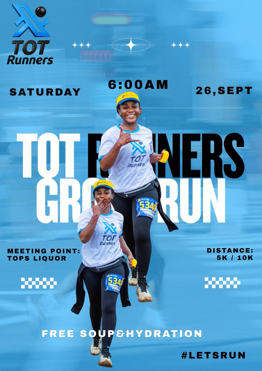 TOTRunners's tweet photo. Jumamosi hii tutakutana pale Tops Liquor Ardhi Mall. #TOTRunnersGroupRun
Kuanzia saa 12:00 asbh tutakata 10Km & 5Km kishaa baada ya hapo ni kujipongeza tu.
#TOTRunners
#LetsRun https://t.co/bA6zSCEZTC