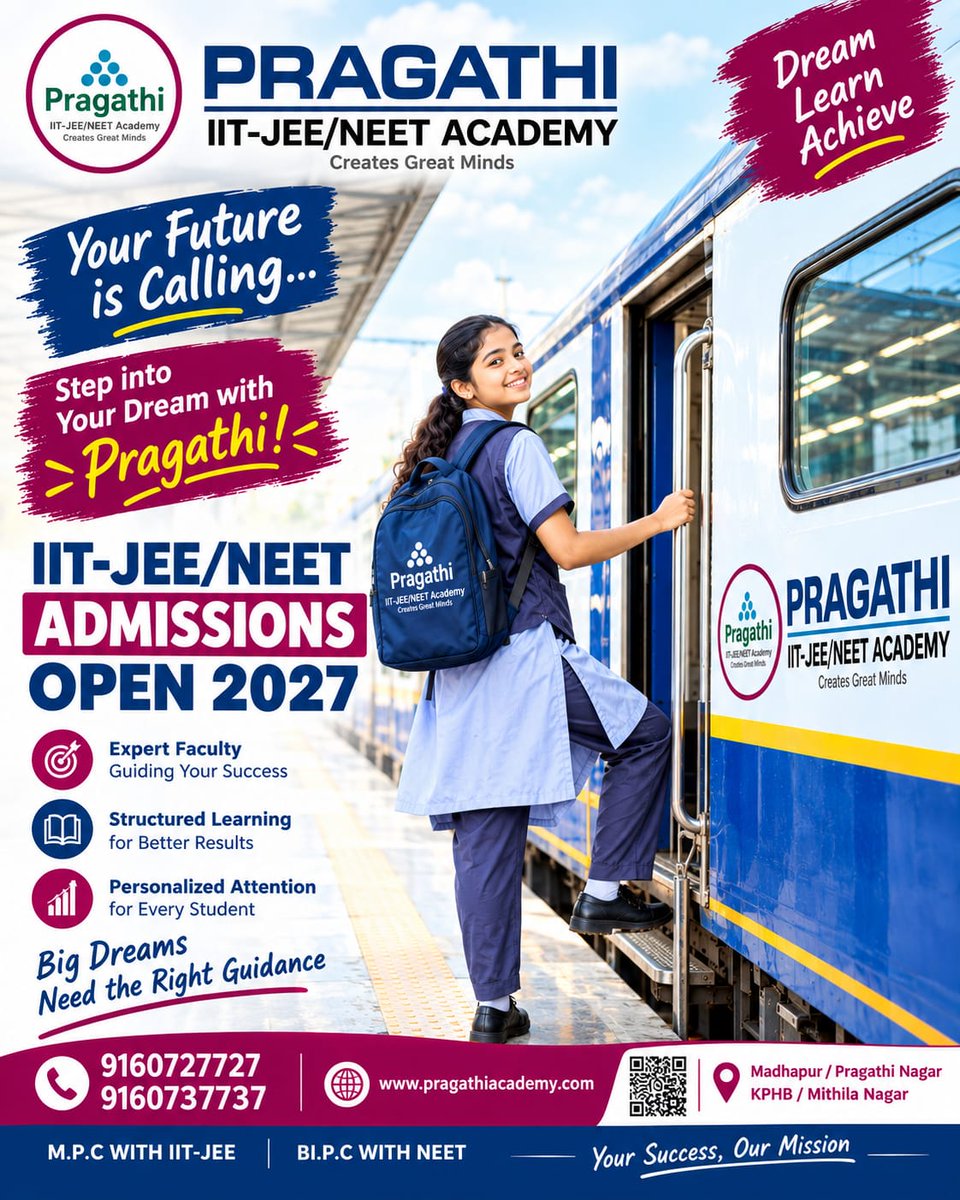 pragathi_2023's tweet photo. 🚀 Your future is calling! Step into your dream with Pragathi Academy, expert guidance, structured learning, and focused IIT-JEE or NEET 2027 preparation. 🎯

#PragathiAcademy #IITJEE2027 #NEET2027 #IITJEEPreparation #NEETPreparation #FutureDoctors #FutureEngineers #JEEAspirants https://t.co/5kj63YUope