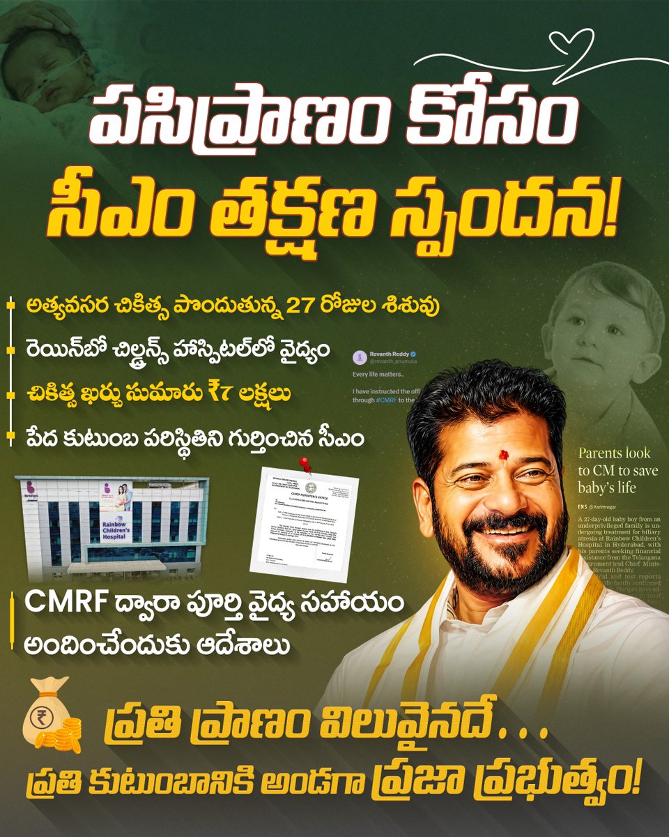Inctelanganaupd's tweet photo. పసిప్రాణం కోసం సీఎం తక్షణ స్పందన!

@revanth_anumula @INCTelangana 

#Revanthreddy #TelanganaCongress https://t.co/MEBNCVrVKQ