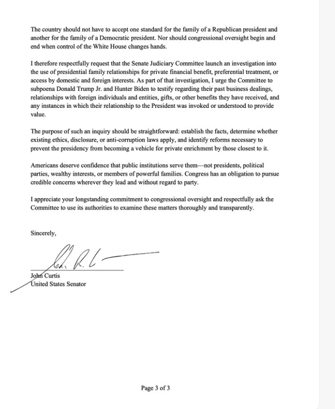 WALLACHLEGAL's tweet photo. NEW: Utah Senator John Curtis breaks ranks with Republicans to demand that Senate Judiciary Committee subpoena Donald Trump Jr. over his business dealings, including advisory ties to prediction market platforms reliant on favorable federal regulatory decisions by CFTC. https://t.co/RzO3zAkbAY