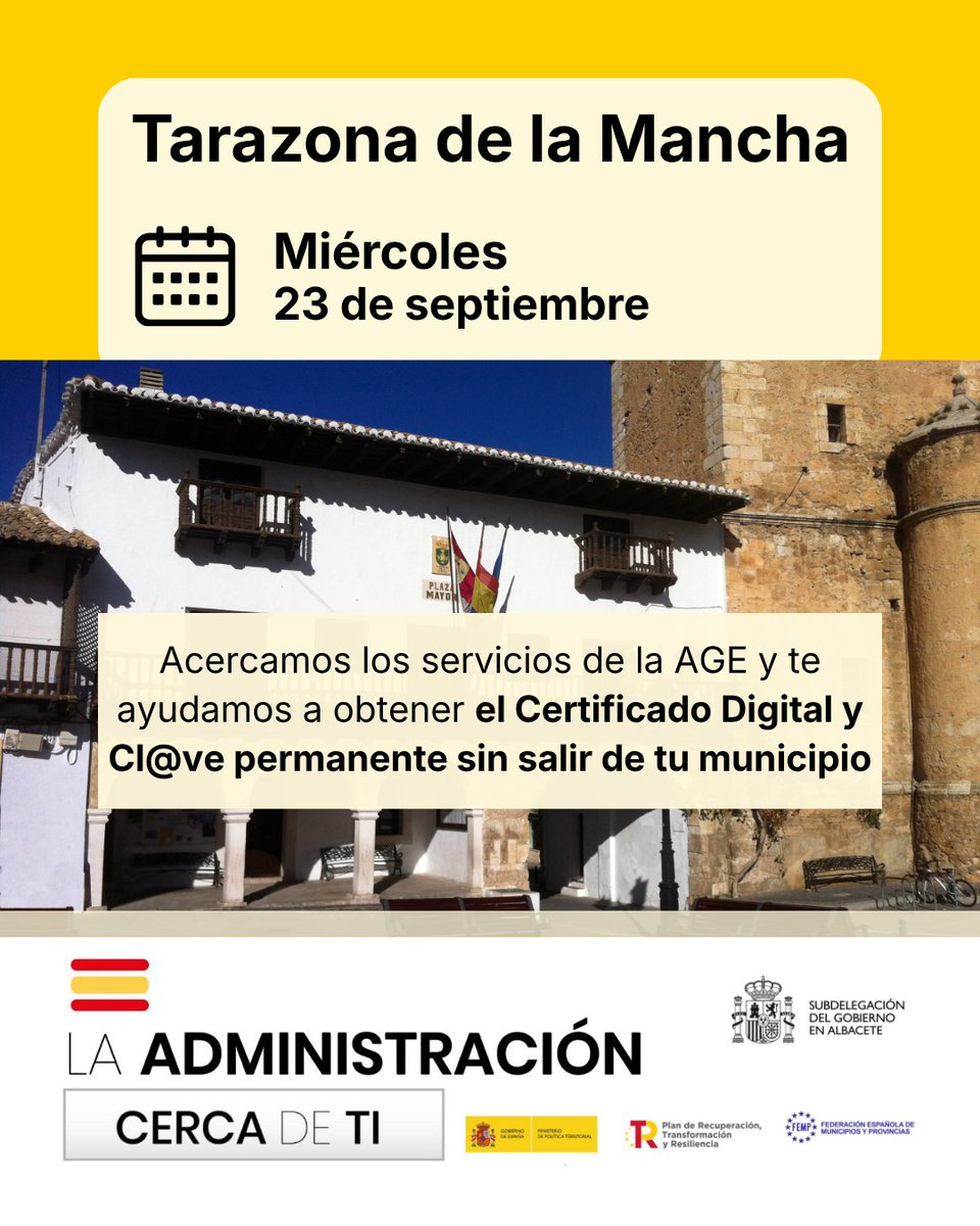 SubGobALB's tweet photo. 📍 Hoy el programa #LaAdministraciónCercaDeTi llega a Tarazona de La Mancha
💻 ¿Necesitas obtener tu certificado digital o resolver
alguna gestión con la Administración General del
Estado?
🚐 Acércate y recibe ayuda personalizada sin salir de
tu municipio.
#LACDT #Albacete https://t.co/537rdRR8RG