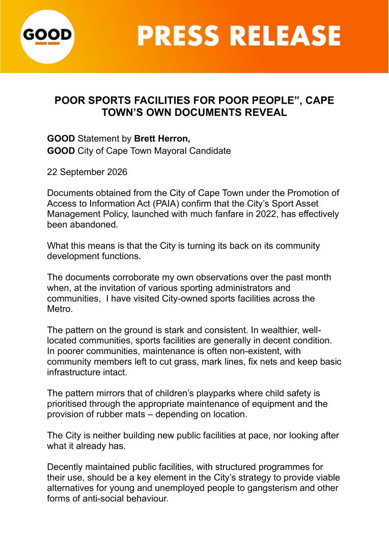 ForGoodZA's tweet photo. Official PAIA documents reveal the City of Cape Town has abandoned its sports facility policy, leaving poorer communities with neglected fields and zero support.
Every community deserves safe, functional spaces to play and grow.
#GOODParty #CapeTown #EqualServices #CommunityDevelopment