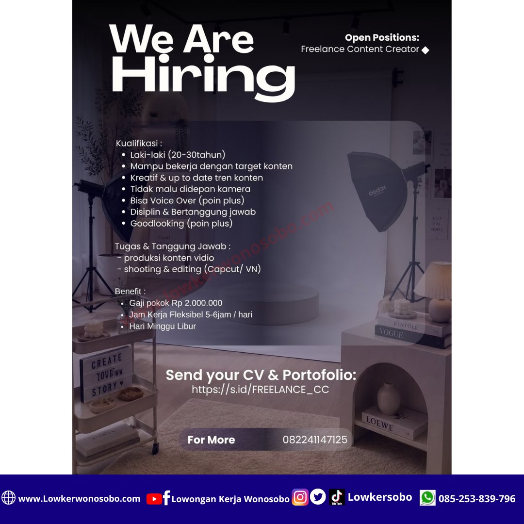 LowkerSobo's tweet photo. Lowongan Kerja Untuk Posisi Sebagai Freelane Content Creator

Lokasi : Mlipak, Wonosobo Kota

Cara Melamar :
Silahkan kirimkan CV &amp; Portofolio anda melalui link : https://t.co/7kuOAoNflu

Untuk informasi lebih lanjut silahkan WA : 0822-4114-7125

#loker #fypppppppppppppppppppppp https://t.co/siTiW0jkyO