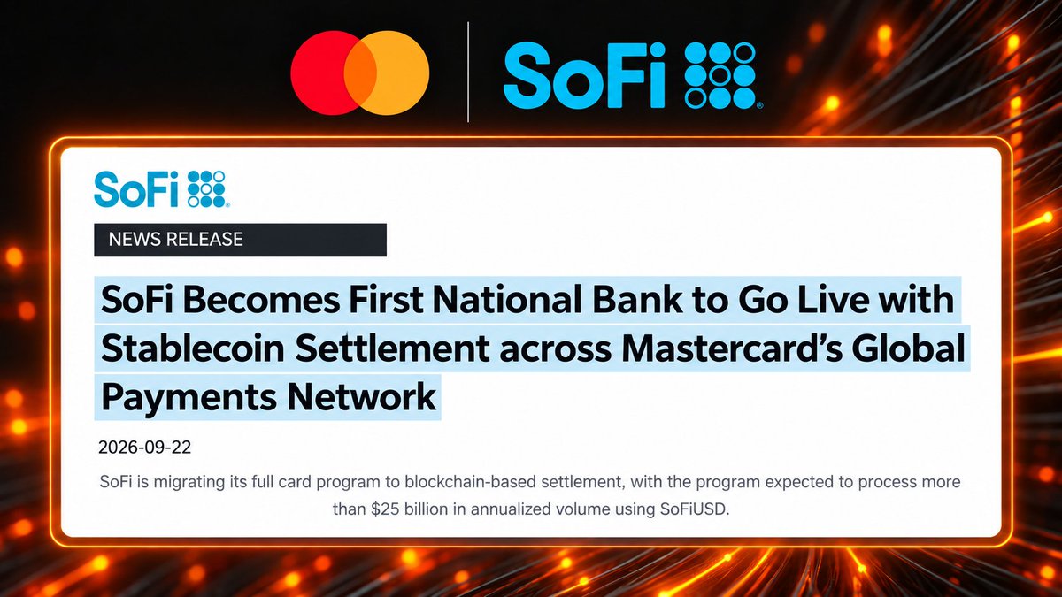 Bearlovesbull's tweet photo. 🚨 BIG NEWS: $SOFI BECOMES FIRST NATIONAL BANK TO GO LIVE WITH STABLECOIN SETTLEMENT ACROSS MASTERCARD’S GLOBAL PAYMENTS NETWORK

SoFi Bank is moving its entire $25 BILLION card program onto blockchain based settlement using SoFiUSD. Transactions are already live today.

Six months ago, SoFi and $MA were talking about what stablecoin settlement could look like. Now they actually have it running in production.

The merchant does not need to become a crypto company to use it.

They do not need to hold stablecoins or build blockchain infrastructure. They can receive settlement into a SoFi Bank account, convert it back into dollars and access the money around the clock. This is SoFi hiding all the complicated crypto stuff behind a banking product businesses already understand.

It's is a way bigger opportunity than people buying crypto inside the SoFi app.

Because if SoFiUSD becomes settlement infrastructure, SoFi can sit behind actual money movement.

Cards. Merchant settlement. Cross border payments. Remittances. B2B payments. Treasury. Eventually other financial institutions and payment platforms.

And now $SoFi says it is already in active discussions with large U.S. merchants, ranging from multinational retailers to technology platforms, about using stablecoin settlement.

Think about the progression here.

$SoFi started as a lender. Then it became a bank. Then it built Galileo and financial infrastructure for other companies.

Now it has its own dollar stablecoin issued by a nationally chartered bank, Mastercard supporting settlement, and a $25B internal card program showing businesses that the infrastructure actually works.

Guys, if this scales, then we are no longer valuing SoFi only on how many people refinance loans, open checking accounts or trade stocks.

We are potentially looking at a regulated bank becoming part of the infrastructure through which digital dollars move between consumers, merchants, fintechs and global payment networks.

Mastercard operates in 200+ countries and territories. SoFi does not have to build a global payments network from scratch. It is plugging SoFiUSD into one that already exists.

Everybody spent years asking which fintech would become the next big bank.

$SOFI might be trying to do something much bigger.

BECOME THE BANK BEHIND THE NEXT GENERATION OF MONEY MOVEMENT.