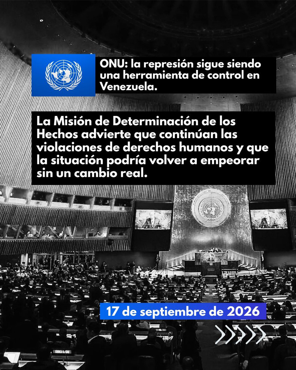 VenteDDHH's tweet photo. 🇺🇳 La ONU advierte que la represión sigue siendo una herramienta de control en Venezuela.

La Misión de Determinación de los Hechos documentó 64 nuevos casos de tortura y tratos crueles después del 3 de enero de 2026, además de detenciones selectivas y otras prácticas destinadas a generar miedo y disciplinar a la sociedad.