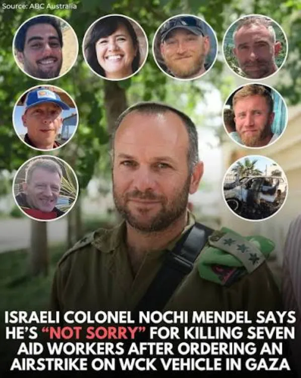 BladeoftheS's tweet photo. This man Nochi Mendel is the War Criminal who murdered the Aid Workers and yesterday he said he was "Not sorry" for ordering their killing even though it was a War Crime.

If he was from any other country than Israel he would find a bomb falling on his head. https://t.co/sZapfHpt8N