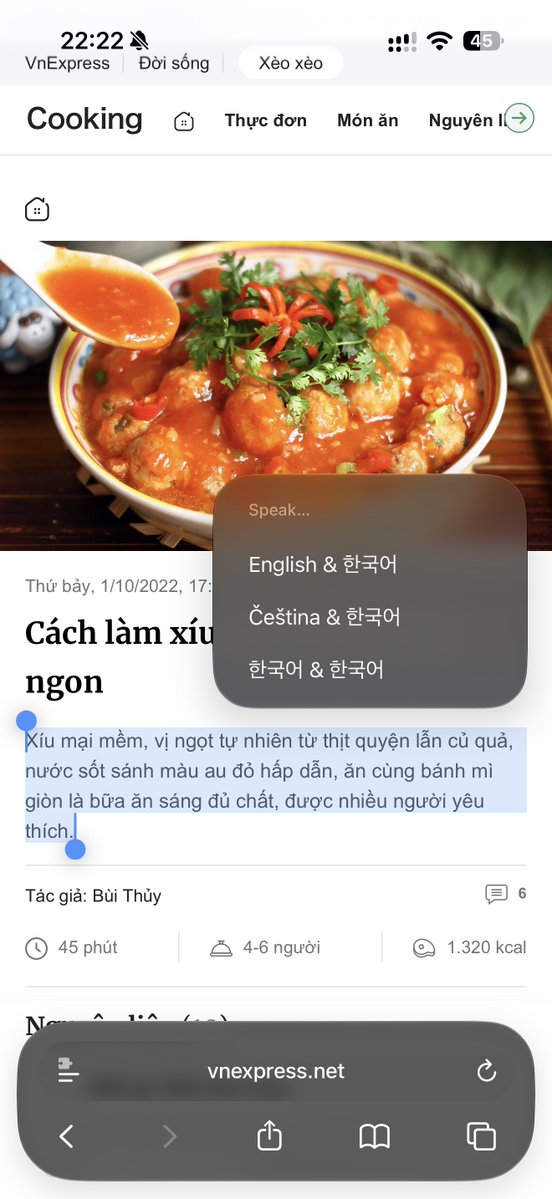 sonnykt's tweet photo. #iOS27 can no longer speak text in #Vietnamese. It incorrectly detects the text in Korean (?) for text-to-speech service, but correctly detects as Vietnamese for translation. https://t.co/m8PXC2yO2N