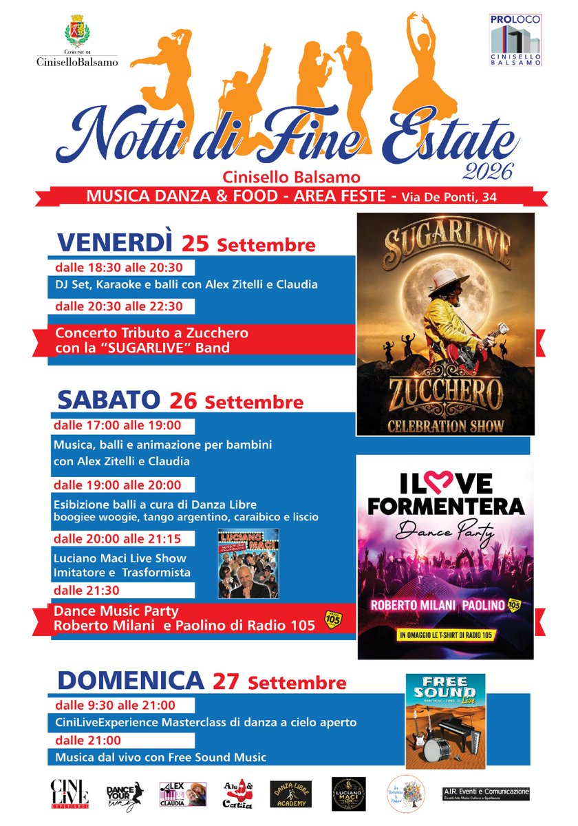 comunecb's tweet photo. 📷MUSICA DANZA &amp; FOOD sono protagonisti all'Area Feste di via De Ponti, 34 da venerdì 25 a domenica 27 settembre!

📷Si tratta dell'iniziativa Notti di fine estate che anima Cinisello Balsamo con la sua edizione 2026.
Ricco il programma di appuntamenti per tutti https://t.co/yt329QHVBp