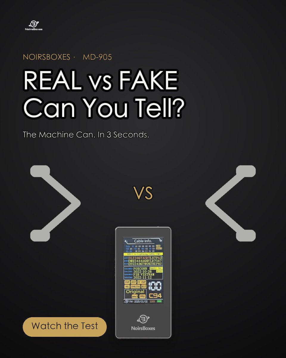 NoirsBoxes's tweet photo. REAL vs FAKE. Can you tell? The machine can — in 3 seconds. 🔍 Don't gamble on a fake Apple cable. Test → https://t.co/kl3S4Zq6Hs #NoirsBoxes #MFi #fakecable https://t.co/vDi4qlOFMs