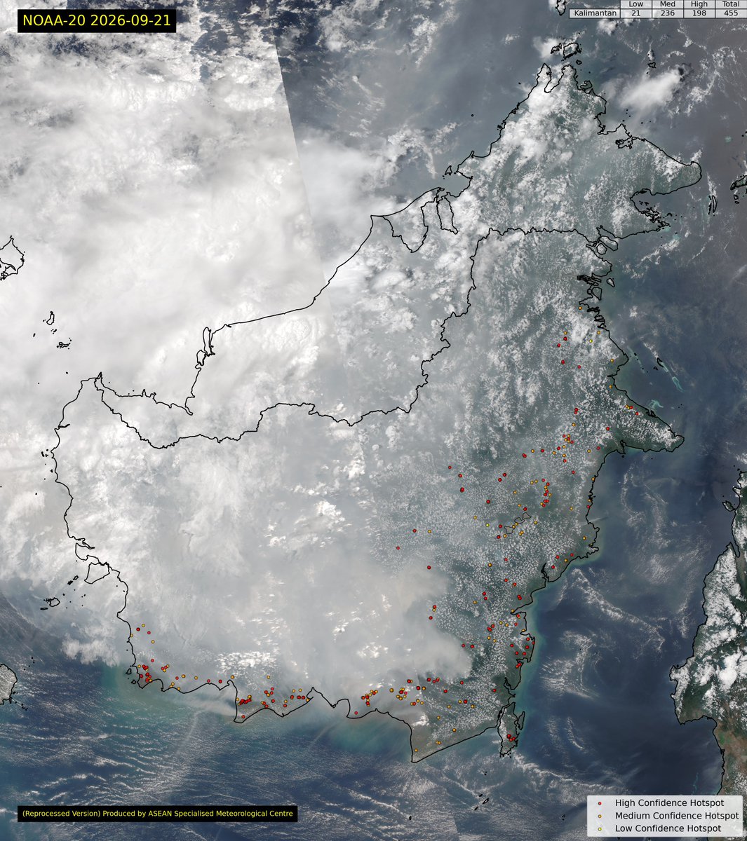Teguhwidiarto's tweet photo. Update badnews dari Kalimantan, 
Masih tertutup oleh pekatnya asap kebakaran hutan dan lahan, 
Mohon bantuan doa dari rekan-rekan semua, semoga segera diturunkan hujan, 

Ini penampakannya dari citra satelit Suomi-NPP ; NOAA-20 dan Himawari-9
Data dari ASMC ; NASA Firms dan BMKG https://t.co/zaqagubkO6