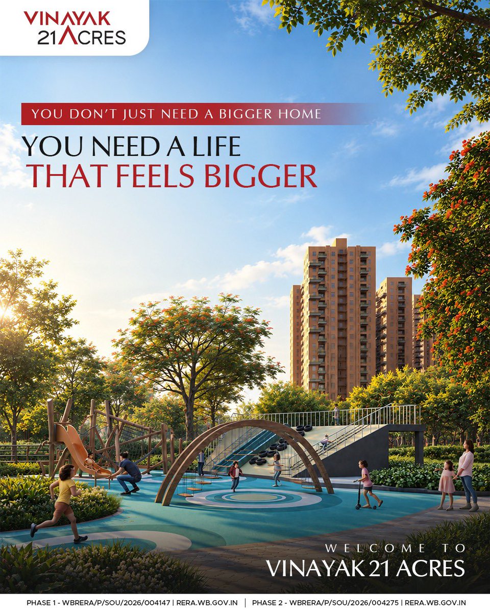 GroupVinayak's tweet photo. More space for morning conversations.
More room for celebrations.
More corners for quiet moments.

Discover a place designed for more at Vinayak 21 Acres.

RERA Registration:

Phase 1 - WBRERA/P/SOU/2026/004147
Phase 2 - WBRERA/P/SOU/2026/004275

#Vinayak21Acres #VinayakGroup https://t.co/1iijS6wjYa