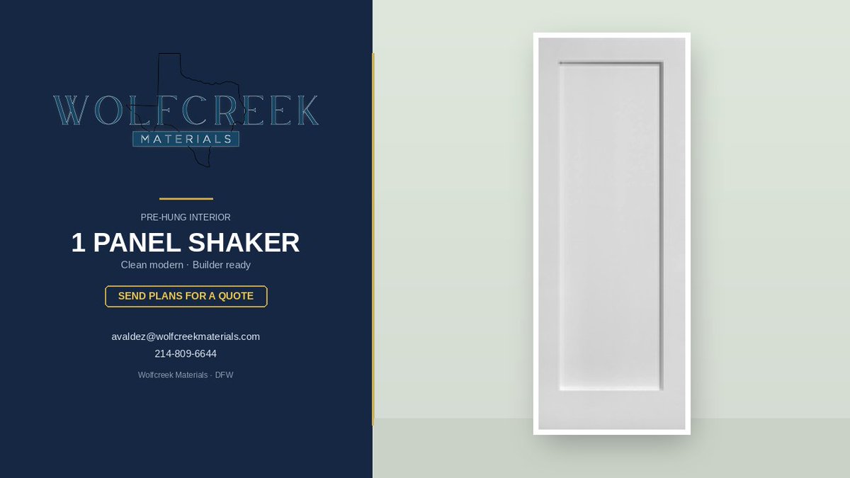 WolfcreekMATs's tweet photo. 1 Panel Shaker pre-hung. Send your plans or DM for a quote. avaldez@wolfcreekmaterials.com 214-809-6644 #WolfcreekMaterials #PreHungDoors #DFWBuilders #DallasBuilders #InteriorDoors https://t.co/7epwrRgS4m