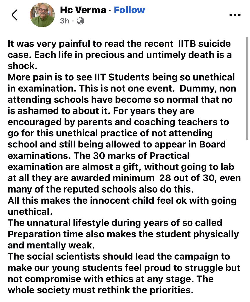 RaviRanjanIn's tweet photo. A famous physics teacher @hcvbharat has raised a serious concern after the recent IITB suicide case.Dummy schools,coaching culture,exam pressure and unethical practices are becoming normalised.
His message is clear: Success should never come at the cost of ethics, health and life. We need to rethink what we teach our children to value.