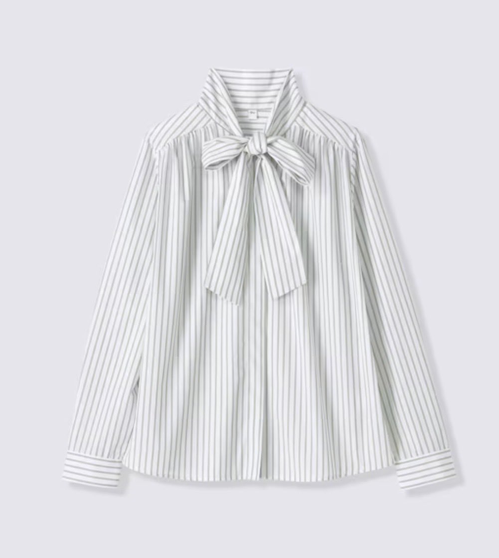 yoicentro's tweet photo. 3着目 GU ボウタイブラウス 2490円
とりあえず1枚、長袖の仕事服を買いたくてこちらに。
ハリ感のあるしっかりした生地かつ、グリーンのストライプだから甘さ控えめで使いやすそう。
アプリ会員特別価格は9/24までらしい！

あとはもう少し上の価格帯で、秋っぽい色味とか素材の服も欲しいな〜 https://t.co/w5d3llx2DW