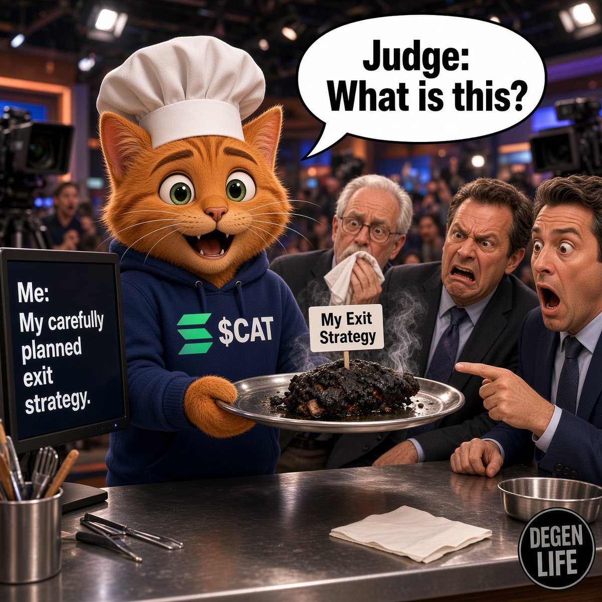 CatSol2026's tweet photo. Presented my exit strategy to the judges.

They asked if it was burnt on purpose.

Yes. 

That’s the $CAT recipe. https://t.co/HjyawN79PX