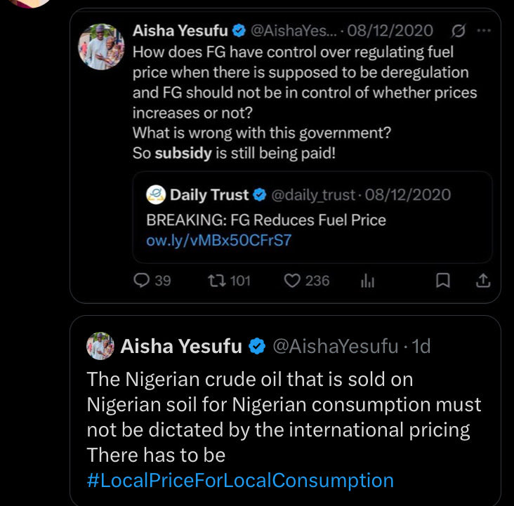 Salismomoh's tweet photo. @dammiedammie35 Is @AishaYesufu confused or she’s just unintelligent. In 2020 during your campaign for the opps. party. You said FG shouldn’t be the one regulating of fuel prices. Now you want FG to control local crude and fuel market prices. I can see you’re a derogatory Person. https://t.co/o2g6149daQ