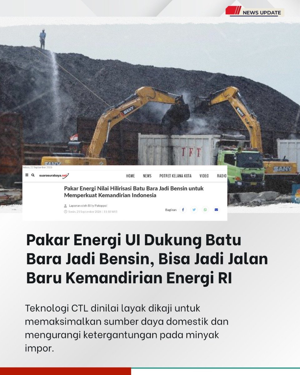 BeritaUnit's tweet photo. Batu bara tak hanya bisa dikeruk dan dijual sebagai bahan mentah. Pakar Energi UI Ali Ahmadi Achyak menilai hilirisasi batu bara menjadi bensin atau coal to liquid (CTL) dapat menjadi salah satu alternatif untuk memperkuat  #berita #darirakyatuntukenergi #bahlillahadalia #esdm https://t.co/OE3wXjJ3mH