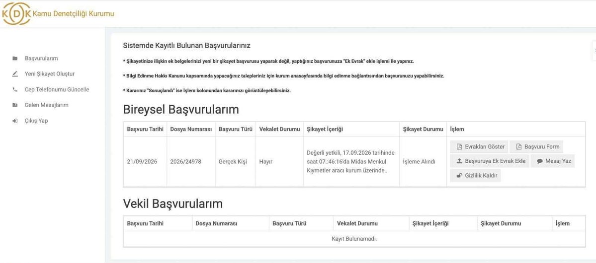 fonunmagdurlari's tweet photo. 17 EYLÜL 13:30 ONCESI EMİR İPTALLERİNDE YENİ ADIM: KAMU DENETÇİLİĞİ KURUMU (KDK / OMBUDSMANLIK) BAŞVURUSU

Midas ve bankalar emir iptallerinin sorumluluğunu TEFAS'a, Takasbank ise aracı kurumlara atarak sorumluluktan kaçmaya çalışmaktadır. Bu kilitlenmeyi aşmak ve kurumlar arasındaki çelişkiyi resmiyete dökmek için platformumuza KDK başvuru modülünü ekledik.

Tüm işlem loglarını, API kayıtlarını ve teknik verileri ve şeffafligi bu yoldan elde edebiliriz.

KDK Neden Önemli ve Yasal Gücü Nedir?

6328 sayılı Kanun m. 18 uyarınca KDK, Takasbank, TEFAS ve SPK'dan 17 Eylül tarihli tüm işlem loglarını, API kayıtlarını ve teknik verileri 30 gün içinde zorunlu olarak celbeder.
Kurumların "ticari sır" veya "yoğunluk vardı" gerekçesiyle KDK'dan bilgi ve log saklama hakkı yoktur.
İnceleme neticesinde KDK'nın vereceği Hukuka Aykırılık ve Tavsiye Kararı, yargı ve tazminat süreçlerinde lehimize en güçlü resmi delil olacaktır.
e-Devlet ile 2 dakikada yapılabilen başvuru adımları ve hazır KDK şikayet dilekçesi sitemize eklenmiştir: 
https://t.co/SFyGimiu7d

Hak arama mücadelemizde resmi kanalları eksiksiz işletmeye devam ediyoruz.

#FonMağdurları #TERA #THF #TLY #TP2 #DOH #Takasbank #SPK #KDK @spkgovtr @HMBakanligi  @memetsimsek