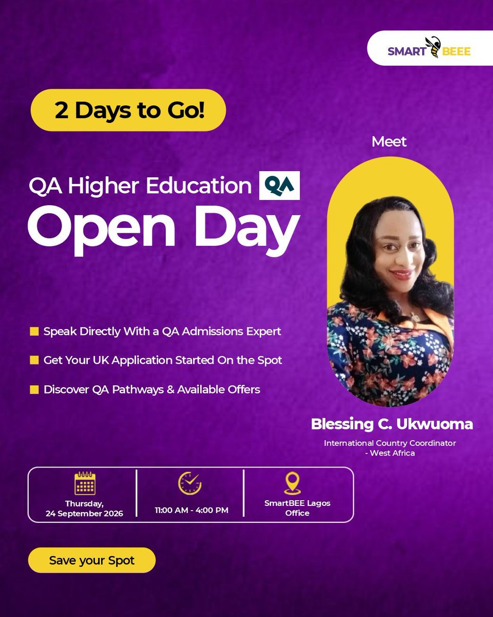 smartbeee_ng's tweet photo. Dreaming of studying in the UK? We're hosting a free QA Education Open Day at SmartBEE Lagos Office on Thursday, 24 September. Just 2 days away! 🎉

Book your spot now - https://t.co/0erLM3aBaq https://t.co/38O3NXiPP6