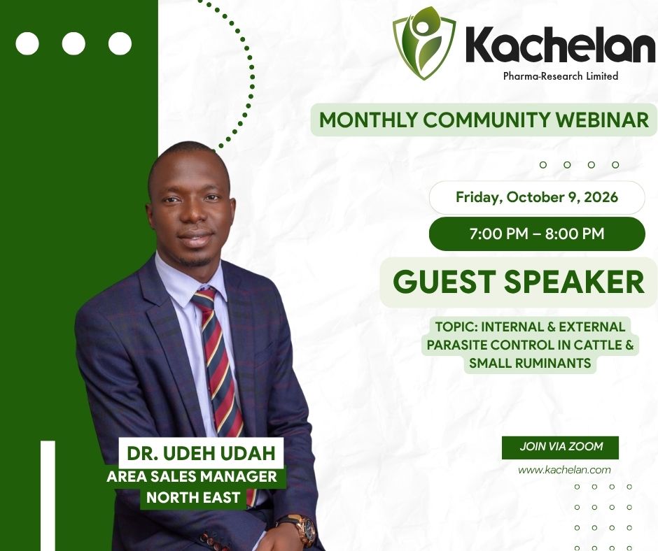 kprl_ltd's tweet photo. KACHELAN MONTHLY COMMUNITY WEBINAR! 🐐
Join us as Dr. Udeh Udah discusses Internal &amp; External Parasite Control in Cattle &amp; Small Ruminants.

📅 Fri, Oct 9, 2026
⏰ 7–8 PM
💻 Zoom
Save the date! 🔔
#Kachelan #LivestockHealth #ParasiteControl https://t.co/udO4iozR53