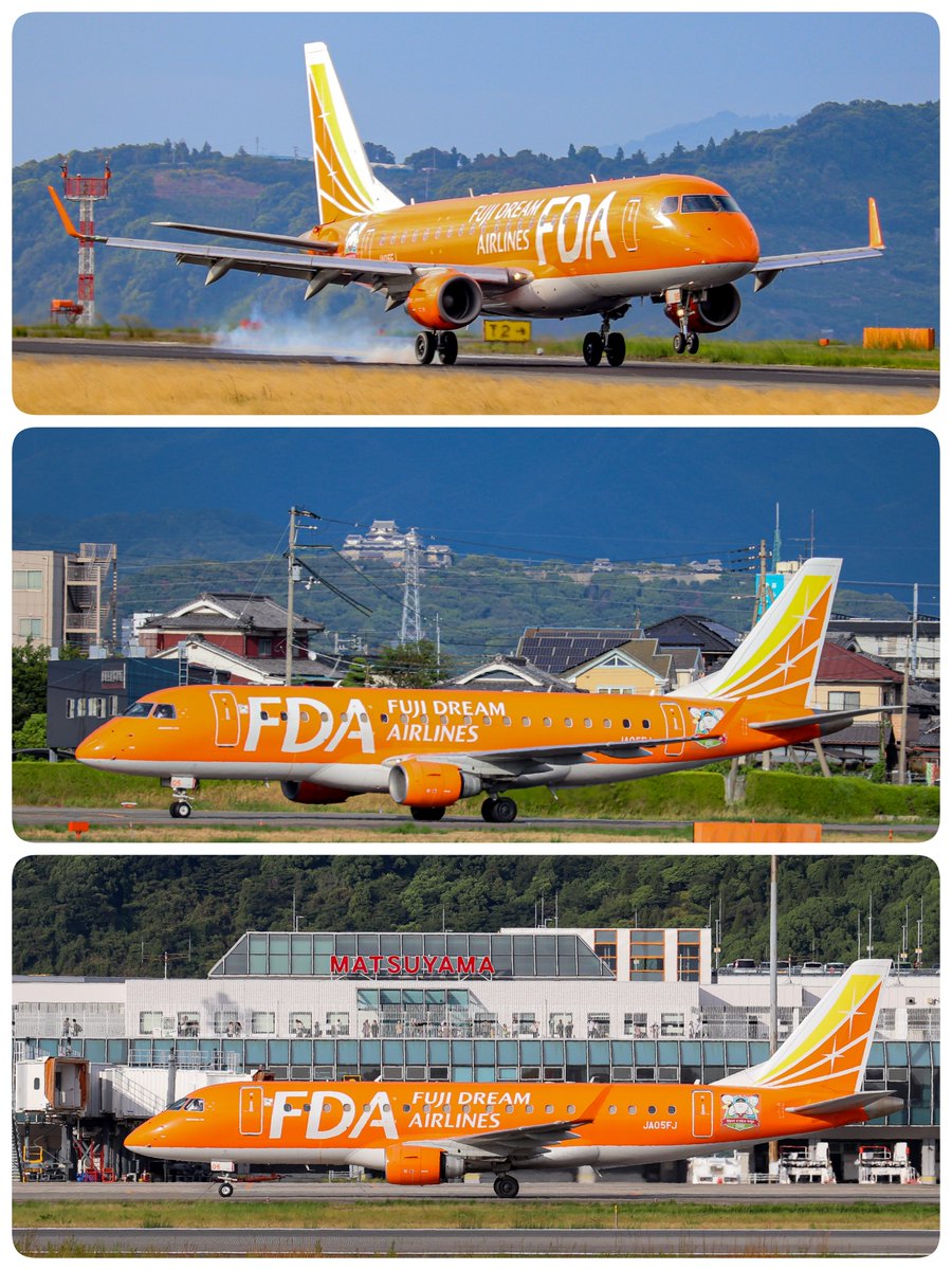 TWILIGHT0241's tweet photo. 着陸から〜 松山空港空港らしさを〜📸⁡
⁡⁡
⁡チャーター便で来た 
FDA⁡ Embraer E175STD JA05FJ⁡
⁡🍊🧡みかんちゃん🧡🍊⁡
⁡⁡
⁡松山城とターミナルの MATSUYAMA の
文字を入れて📸⁡⁡
⁡オレンジ色が愛媛松山とちょうどいい色合い🍊🧡
⁡⁡
⁡2026.9.6 MYJ/RJOM https://t.co/MbV0UZMLj5