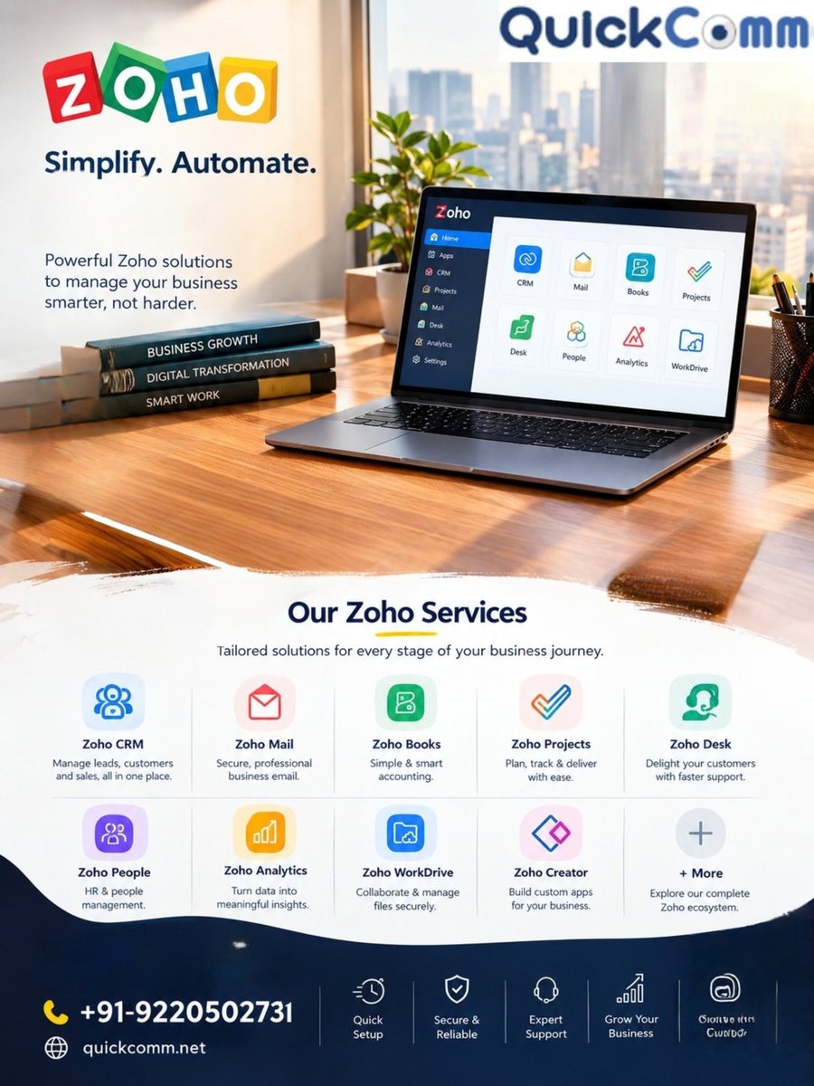 Quickcommtech's tweet photo. Too many tools. Too many tabs. Too much manual work.

Bring your business workflows together with Zoho solutions from QuickComm — CRM, Mail, Books, Projects, Desk, Analytics &amp; more. 

📞 +91-9220502731
🌐 https://t.co/2j0ctNF8am
#Zoho #Automation #CRM #BusinessGrowth #QuickComm https://t.co/g5UZZZwvvJ