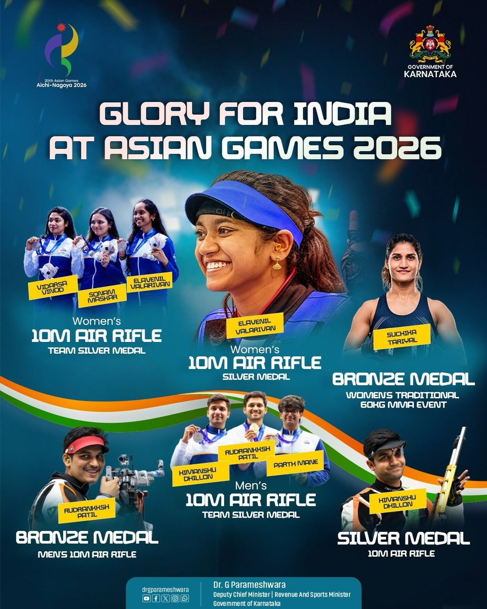 DrParameshwara's tweet photo. A proud beginning for India at the Asian Games 2026!

Congratulations to Elavenil Valarivan, Sonam Maskar and Vidarsa Vinod on the women’s 10m Air Rifle team silver, with Elavenil adding another silver in the individual event.

Congratulations also to Himanshu Dhillon, Rudrankksh Patil and Parth Mane on their men’s 10m Air Rifle team silver. Himanshu went on to win individual silver, while Rudrankksh secured bronze.

And congratulations to Suchika Tariyal, who created history by winning India��s first-ever Asian Games medal in MMA, a bronze in the women’s Traditional 60kg event.

Six medals, each earned through immense discipline and determination. May this be the beginning of many more proud moments for India at Aichi-Nagoya.

#AsianGames2026