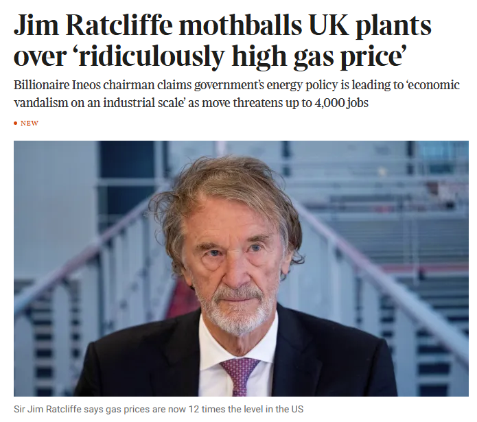 CutMyTaxUK's tweet photo. Jim Ratcliffe said: “I’m sure people will find it hard to believe that we are being forced to mothball some of the most efficient plants in Europe but with gas prices now 12 times the level in the US and eight times that of China, we just cannot compete."

“Not only is the ridiculously high gas price in the UK destroying our manufacturing base and the jobs of hard-working people on Humberside, it is also massively increasing the environmental burden with replacement products supplied from the USA at double the carbon emissions and from China at eight times the emission level.

“The UK government’s energy policy is leading to economic vandalism on an industrial scale, exporting jobs to China and the United States and driving up global CO2 emissions at a stroke.”

Labour's deindustrialisation drive is proceeding apace.