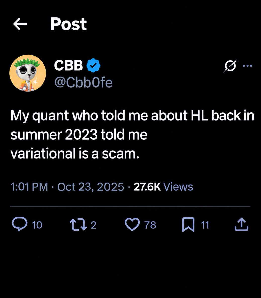 ProMint_X's tweet photo. A year ago, CBB was calling Variational a scam

He repeatedly said that Variational was a SCAM

The slippage and spreads looked terrible to him

Some time later, he was asking for an Invite Code

Now he's asking the community to sell him points

His exact words back then: "Don't really see a reason to trade there yet besides farming points"

We all make mistakes